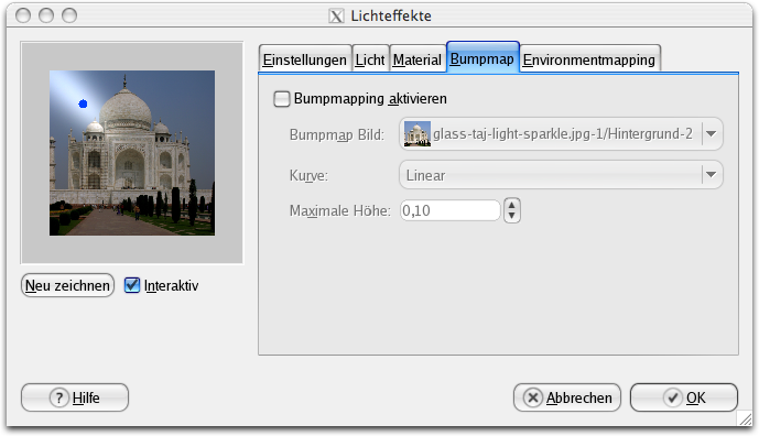 Eigenschaften (Bumpmap) für das Filter Lichteffekte